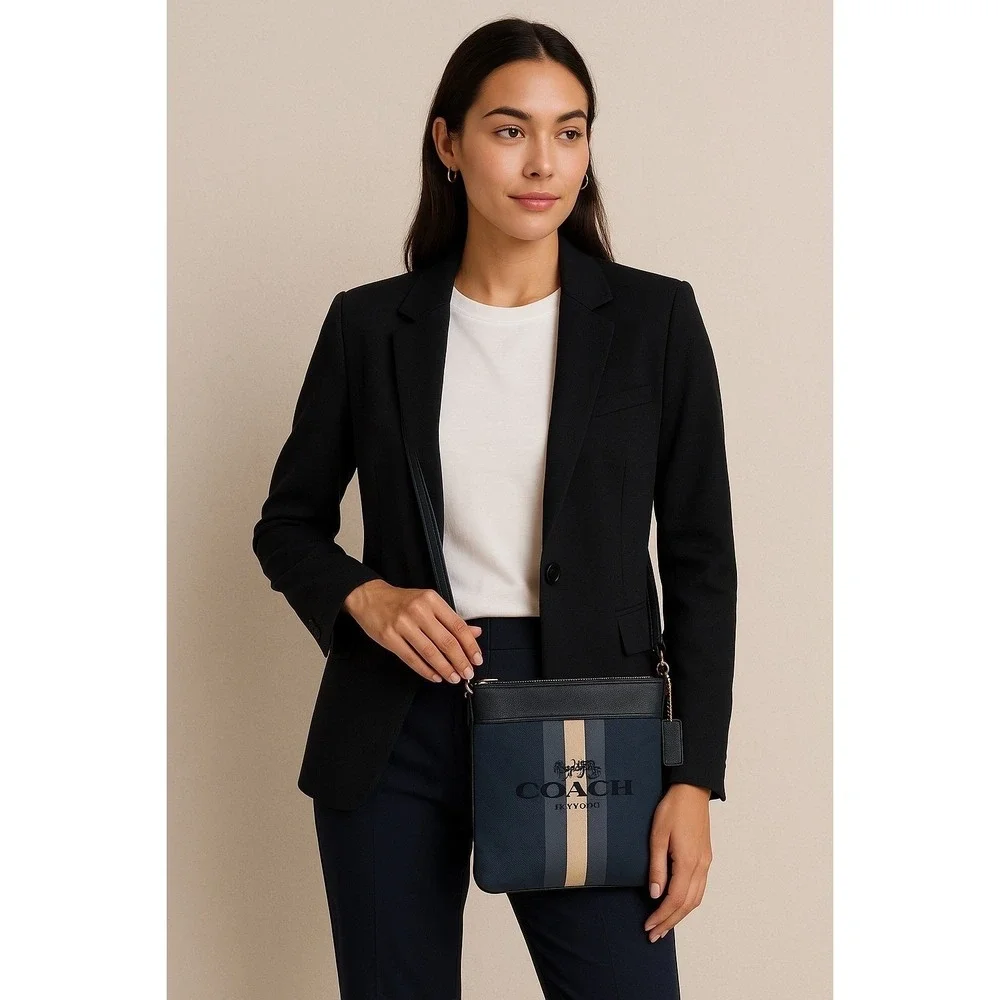 Coach Kitt Crossbody Bag Navy Canvas Stripe Logo Leather Trim F11979 - Picture 2 of 13
